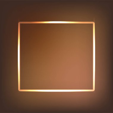 Neon işareti. Dikdörtgen ışık pankartı ve boş alan. Koyu kahverengi zemin üzerinde elektrikli dikdörtgen çerçeve. Fişekler ve parıltılarla dolu, düzgün açılı bir arka plan. Vintage vektör illüstrasyonu