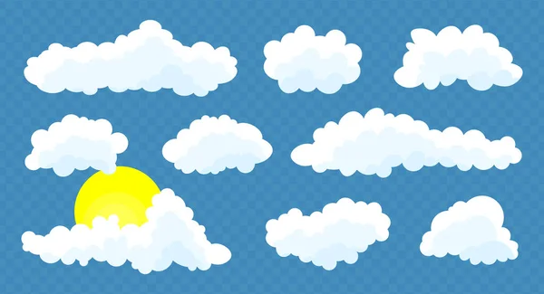 Wolken Mit Sonne Auf Blauem Transparentem Hintergrund Einfach Niedlich Cartoon — Stockvektor