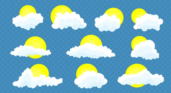 Wolken Mit Sonne Auf Blauem Transparentem Hintergrund Einfach Niedlich Cartoon — Stockvektor