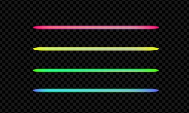 Halojen ya da ışık elementleri gece partisi ya da oyun tasarımı için paketlenir. Neon ışık tüpleri seti. Renkli parlak çizgiler ya da kenarlık koleksiyonu şeffaf arkaplanda izole edildi. Renk vektörü resimlemesi.