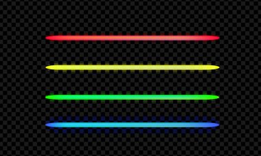 Halojen ya da ışık elementleri gece partisi ya da oyun tasarımı için paketlenir. Neon ışık tüpleri seti. Renkli parlak çizgiler ya da kenarlık koleksiyonu şeffaf arkaplanda izole edildi. Renk vektörü resimlemesi.