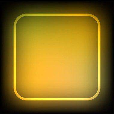 Neon işareti. Dikdörtgen ışık pankartı ve boş alan. Koyu sarı arkaplanda elektrikli dikdörtgen çerçeve. Fişekler ve parıltılarla dolu, düzgün açılı arka plan. Vintage vektör illüstrasyonu