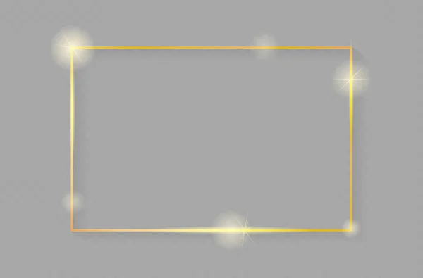 灰色の背景に隔離された影とゴールド光沢のある輝くヴィンテージフレーム 黄金の豪華な現実的な長方形の境界線 ベクトル — ストックベクタ
