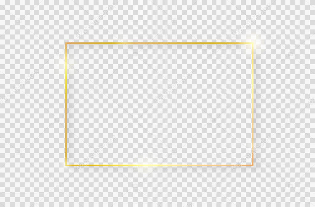 Gold shiny glowing vintage frame with shadows isolated on transparent background. Golden luxury realistic rectangle border. Vector