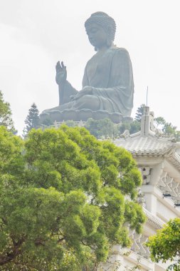 Tele Po Lin manastırda Lantau Island, Hong Kong, dağ tepe üzerinde dev Tian Tan Buddha statue görünümünü yakınlaştırma