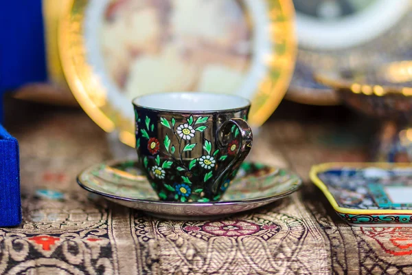 Thé Porcelaine Style Thaïlandais Noir Vintage Tasse Café Fait Main — Photo