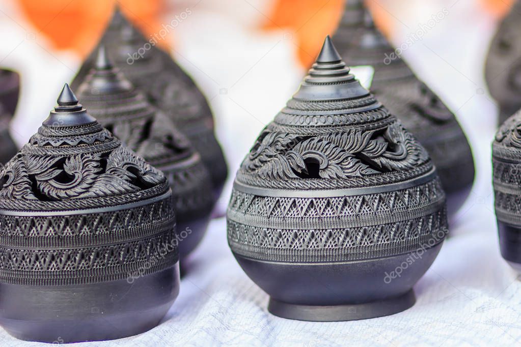 Beautiful traditional Thai black porcelain ceramic bowls for aroma therapy spa for sale in the flea market , Thailand.