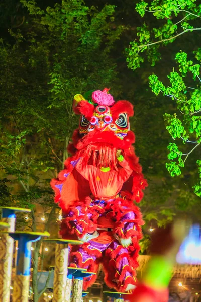 Impresionantes Espectáculos Baile Leones Chinos Los Postes Por Noche Durante —  Fotos de Stock
