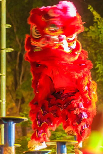 Китайские Львы Танцуют Столбах Ночам Время Китайского Новогоднего Фестиваля Бангкоке — стоковое фото