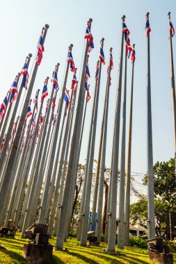 Tayland ülke bayrakları güzel manzarasına adamların Kraliçe Sirikit Ulusal Kongre Merkezi'nde Bangkok, Tayland.