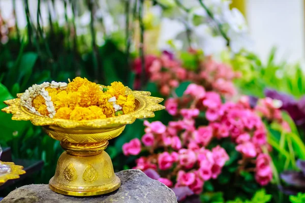 Plateau Style Thaïlandais Avec Piédestal Dans Dos Belles Fleurs Kalanchoe — Photo