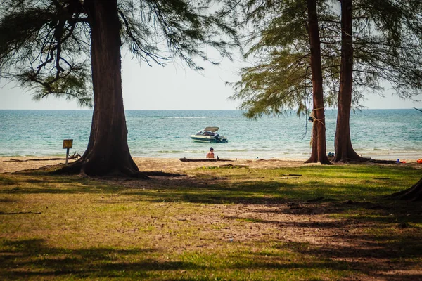 快艇停泊在岸边 从森林海滩上可以看到风景 海景与森林树和小船 宁静的海滩 有游艇和树木 普吉岛奈阳海滩树架上的帆船或快艇 — 图库照片