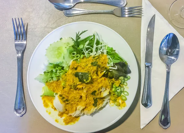 カノムあごラーメン 発酵米粉から作られている人気のタイ料理 タイのピリ辛スープと新鮮な野菜を多く食べる — ストック写真