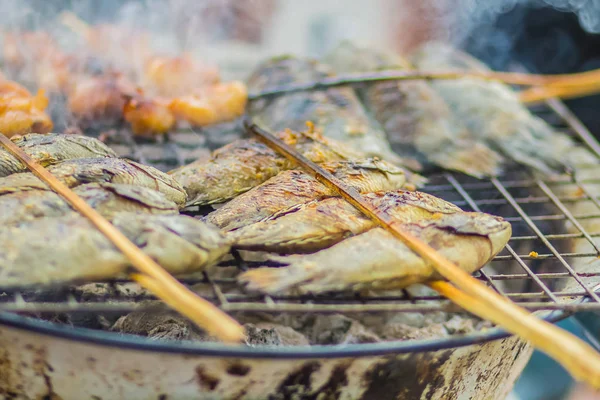 街头食品摊贩在烟熏烤箱上烤鱼和鸡肉 — 图库照片