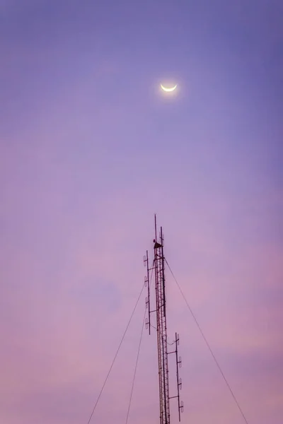 Vista Lua Céu Crepúsculo Antena Rádio Dipolo Dobrado Para Telecomunicações — Fotografia de Stock