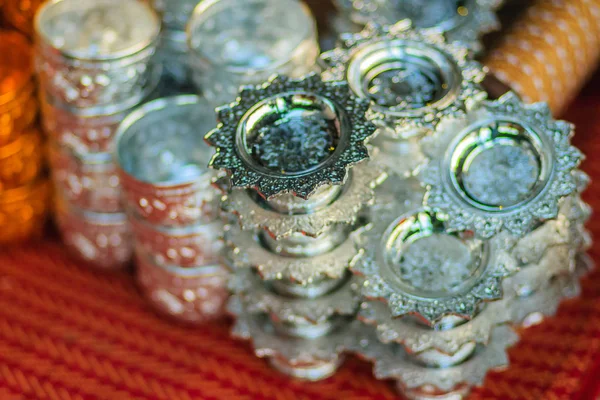 Beautiful Thai Style Handmade Silver Tray Pedestal Sale Street Market — стоковое фото