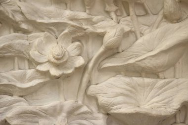 Güzel beyaz lotus sıva sınır duvara desenli. Beyaz duvar kısma sıva alçı içinde tasvir Lotus çiçekleri arka plan.