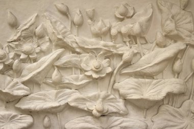 Güzel beyaz lotus sıva sınır duvara desenli. Beyaz duvar kısma sıva alçı içinde tasvir Lotus çiçekleri arka plan.