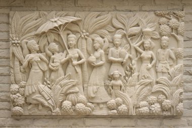 Güzel beyaz Java sıva sınır duvara desenli. Beyaz duvar kısma sıva alçı içinde tasvir Lotus çiçekleri arka plan.