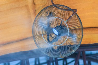 Elektrikli buharlı soğutma fanı tavanda su bayım fan sakin alanının dışında bir sıcak yaz gününde hava içine soğuk su darbeler.