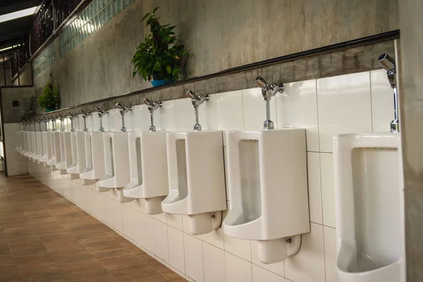 公共厕所里的白色清洁陶瓷小便池碗 公共厕所中的男性室内小便池排 — 图库照片