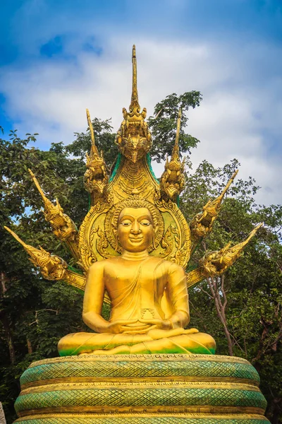 Gyönyörű Arany Buddha Szobor Hét Phaya Naga Fejek Fehér Felhők — Stock Fotó