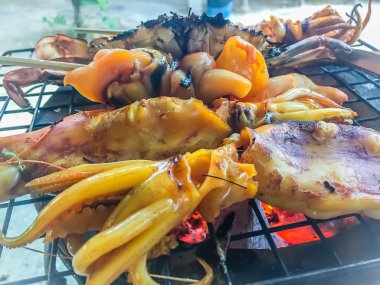 Izgara kalamar ve yengeç gece partide soba kömür üzerinde. Deniz ürünleri Barbekü partisi kalamar kalamar ve yengeç ile ateşe ızgara. Barbekü kavramı, seçici odak.