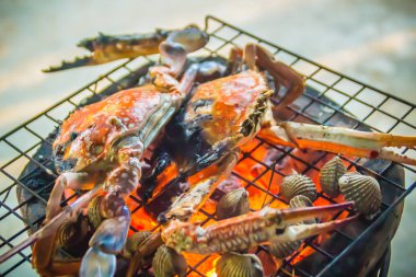 Kadar ızgara yengeçler kapatın ve istiridye üzerinde gece partide soba kömür ateş. Deniz ürünleri Barbekü partisi ile Yengeç ve istiridye ateşe ızgara. Deniz ürünleri Barbekü kavramı, seçici odak.