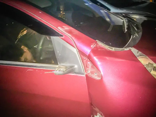 Front Red New Car Distorted Accident Night Crashed New Red — Stock Photo, Image