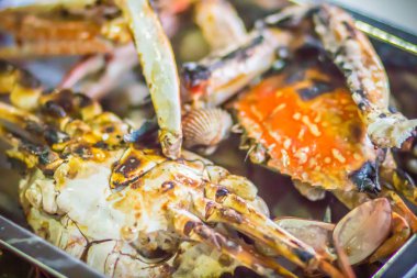 Kadar ızgara yengeçler kapatın ve istiridye üzerinde gece partide soba kömür ateş. Deniz ürünleri Barbekü partisi ile Yengeç ve istiridye ateşe ızgara. Deniz ürünleri Barbekü kavramı, seçici odak.