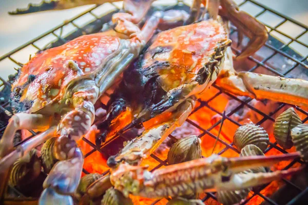 Close Van Gegrilde Krabben Kokkels Vuur Houtskool Kachel Nacht Feest — Stockfoto