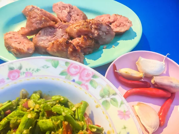 Udvari Hosszú Bab Saláta Fűszeres Thai Utcai Élelmiszer Menü Hagyja — Stock Fotó