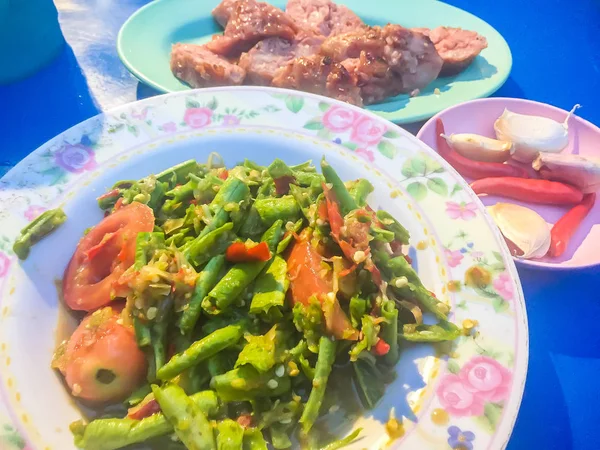 Salad Kacang Panjang Salad Pedas Makanan Jalanan Thailand Yang Tidak — Stok Foto