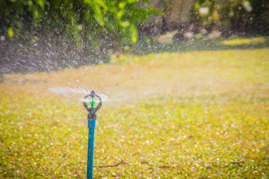 PVC Otomatik Bahçe çim yağmurlama yeşil çim sahası sulama sırasında gün güneşli yaz. Çim yağmurlama Pvc su üzerinde yeşil çim spaying yaptı. PVC sulama sistemi kavramı.