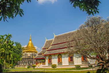 Güzel kilise ve payandaların Wat Chiang adam, Chiang Mai, Tayland, Thailand, en eski Tapınağı fil şeklinde satırlarının tarafından desteklenen altın Lanna usulü chedi 1296 Lanna krallığının Kral Mengrai tarafından inşa.