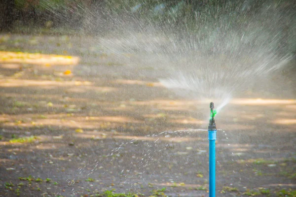 Aspersor Césped Jardín Automático Pvc Día Soleado Verano Durante Riego — Foto de Stock