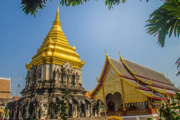 Wunderschöne Kirche Und Goldene Chedi Lanna Stil Gestützt Von Reihen — Stockfoto