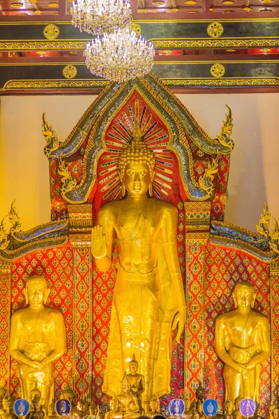 Bella Grande Immagine Buddha Dorato Piedi Con Soffitto Decorazione Interni — Foto Stock