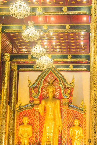Красивый Большой Стоящий Золотой Будда Изображение Потолком Интерьера Названный Пхра — стоковое фото