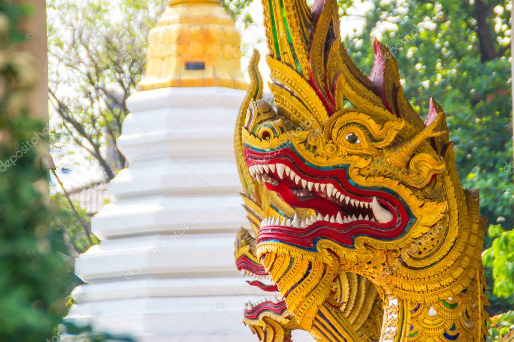 Beautiful golden naga heads open mouth with white fangs in lanna style patterned in Buddhist temple. Scary golden head of the serpent statue that see the details of the eyes, and the white sharp teeth