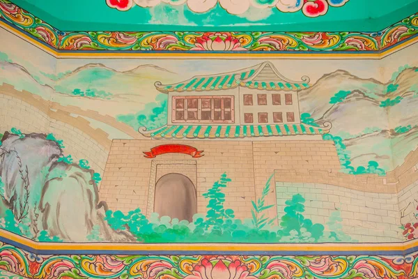 Great wall of China painting on the wall in the public Chinese temple.