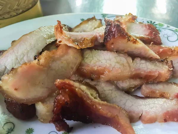 Pescoço Porco Grelhado Carvão Cauda Porco Deliciosa Comida Tailandesa Rua — Fotografia de Stock