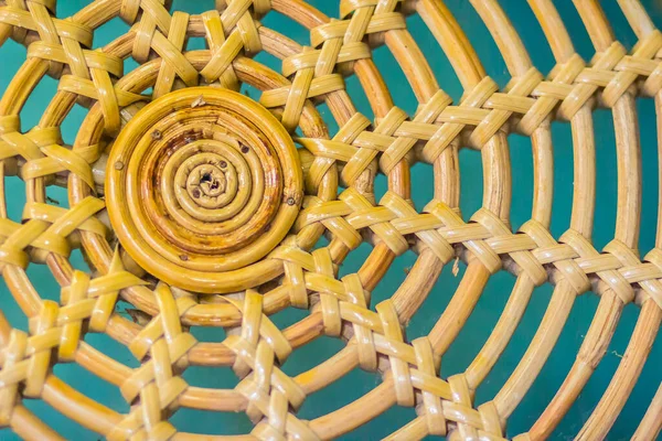 Close up the circular textured pattern on a woven wooden basket. Circular weave rattan pattern. Handmade Wicker Rattan woven surface a circular pattern Background Round Rattan Furniture Brown Texture