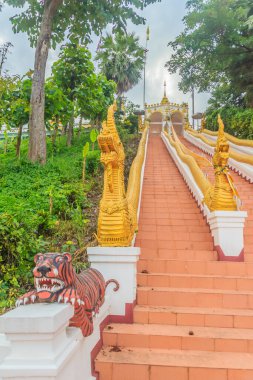 Wat Phra 'daki tapınağa çıkan güzel Nagas merdivenleri Chom Sak, Tayland halk Budist tapınağı. Mueang, Chiang Rai şehrinde Yonok Chai Buri Si Chiang Saen döneminde inşa edilmiş..