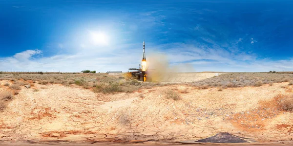 Bemande Raketlancering Vanaf Het Baikonur Kosmodrome 360 Graden Panorama — Stockfoto