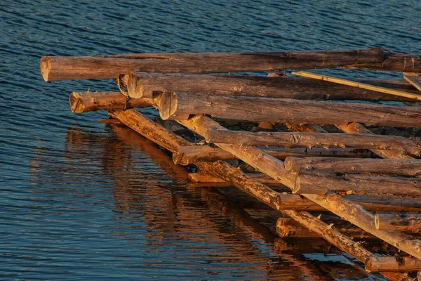 Wooden Pier Made Timber Background Water White Sea Arctic Sunset — Stock Photo, Image