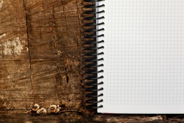 Not Defteri, Koyu ahşap arka planda bir spiral üzerinde Not Defteri aç, Boşluğu kopyala.