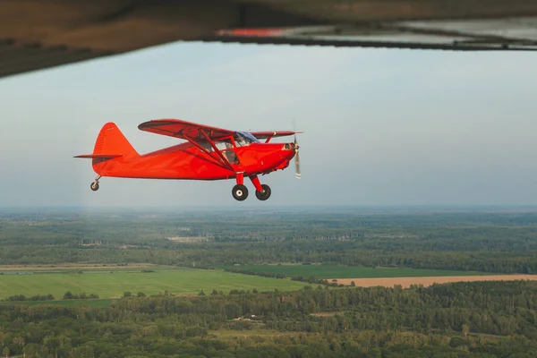 Vintage Rojo Pequeño Avión Stinson Vuelo Sobre Bosque Verde — Foto de Stock