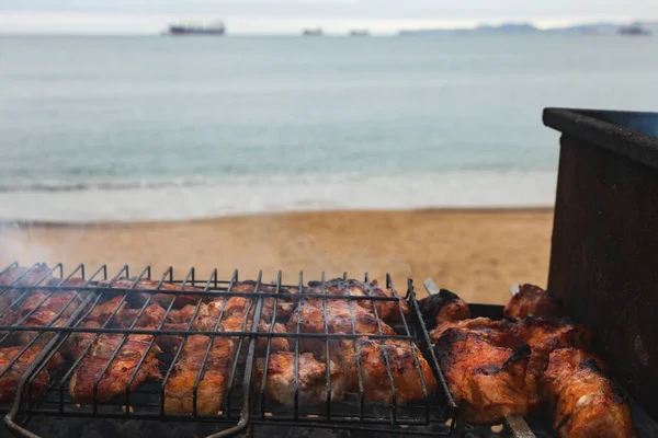 Carne Grelhada Carne Porco Grelha Sobre Brasas Fundo Costa Areia — Fotografia de Stock