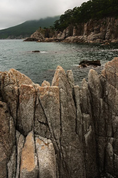 Grote Rotsen Het Strand Achtergrond Van Een Heuvel Met Loofbomen — Stockfoto